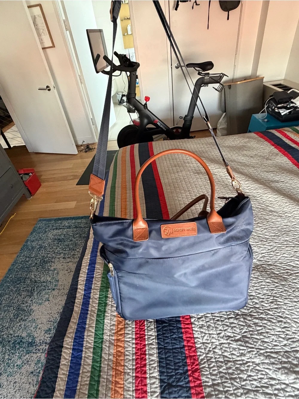 Sarah Wells Pump Bag Navy Tote with Tan Leather Handles